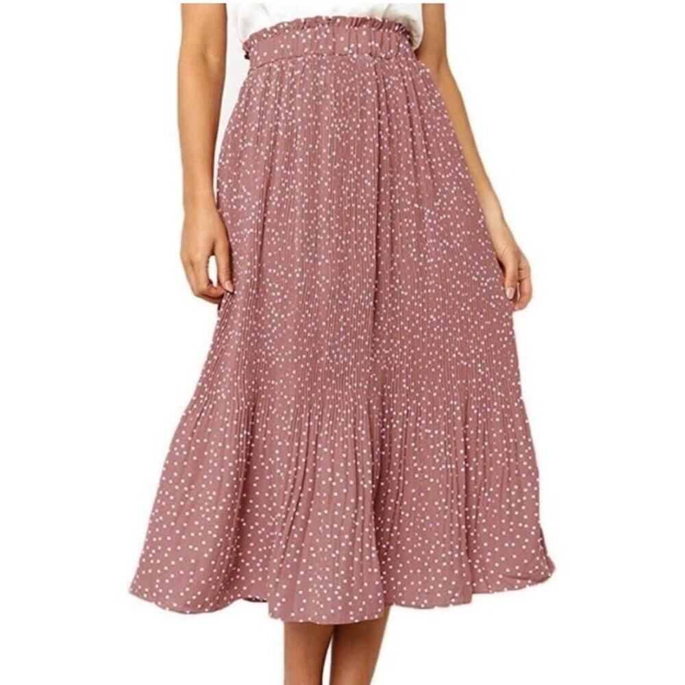 Pleated Midi Skirt High Smocked Waist Pockets Pink Polka Dot Womenβs Size XL